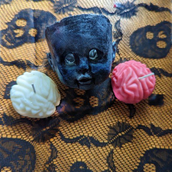 Creepy Baby Doll Head Candle Holder with 3 Brain Candles - Picture 5 of 9